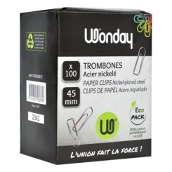 Boîte de 100 trombones 45 mm acier nickelé